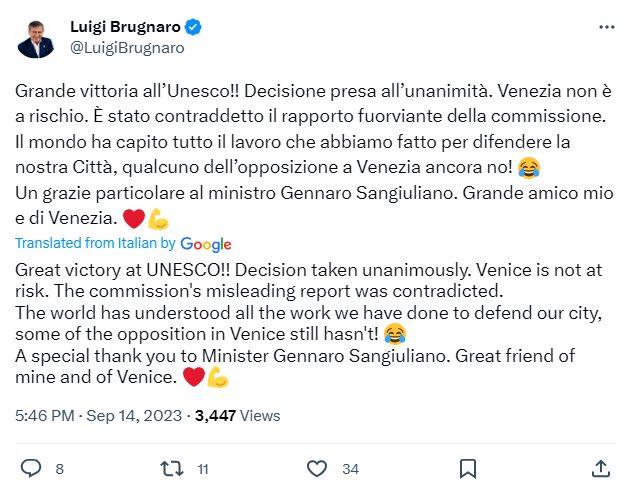 Mayor Luigi Brugnaro on X