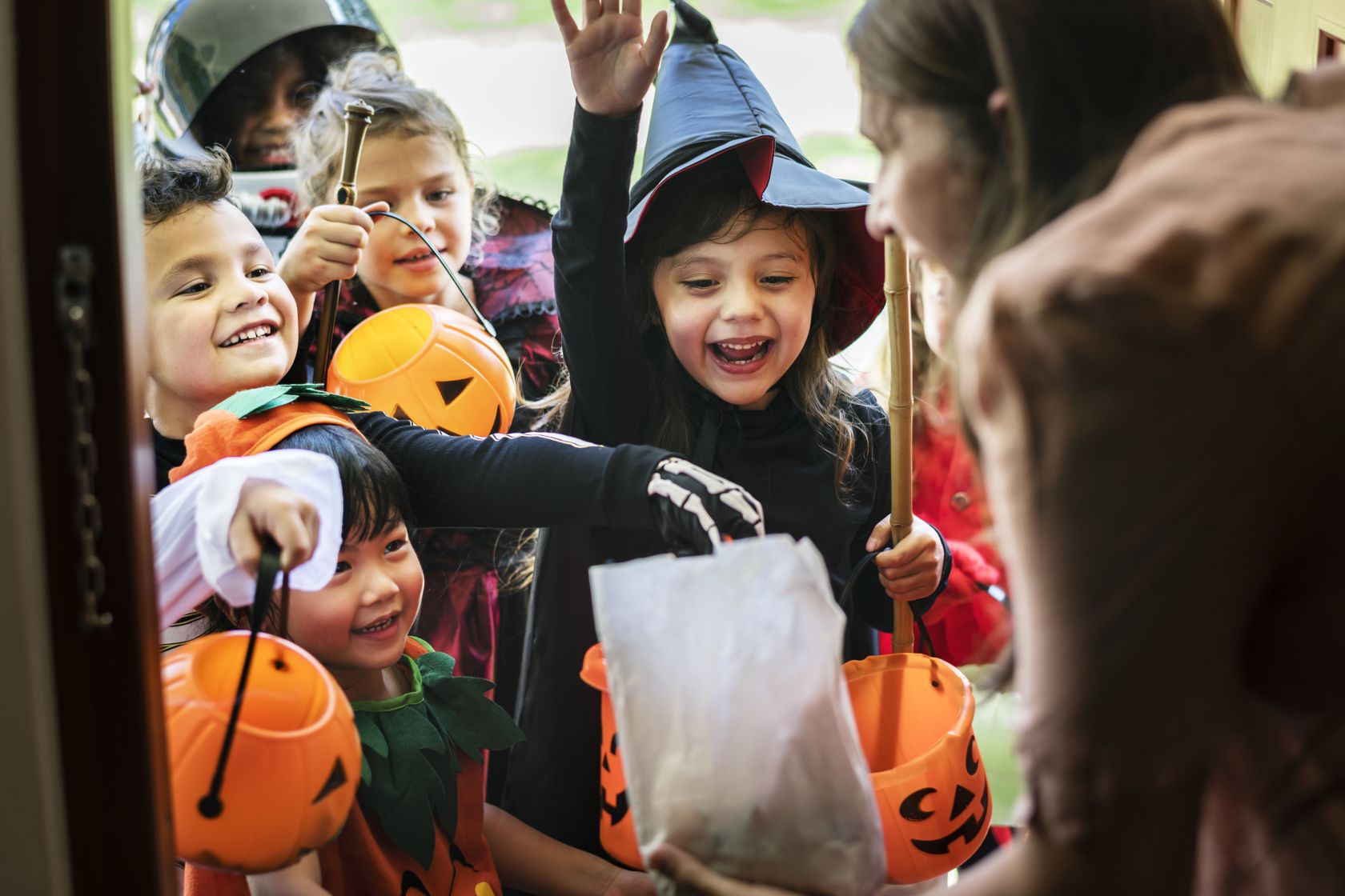 Kids in town trick-or-treating 