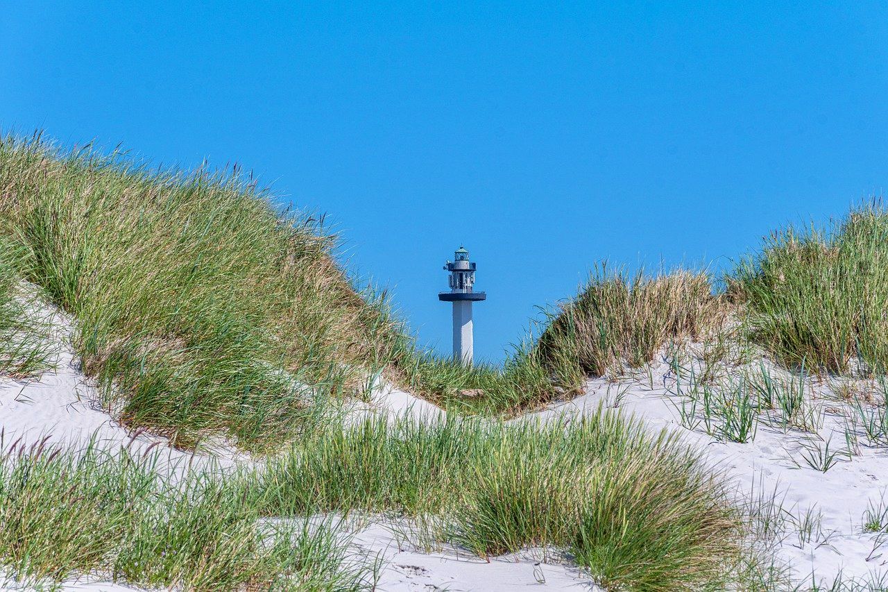 Lighthouse and white sand beach and dunes