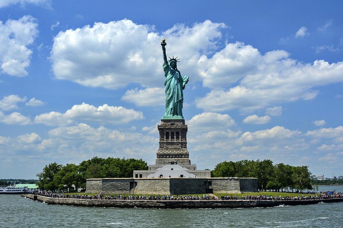 The Statue of Liberty stands on LIberty Island, New York Harbor